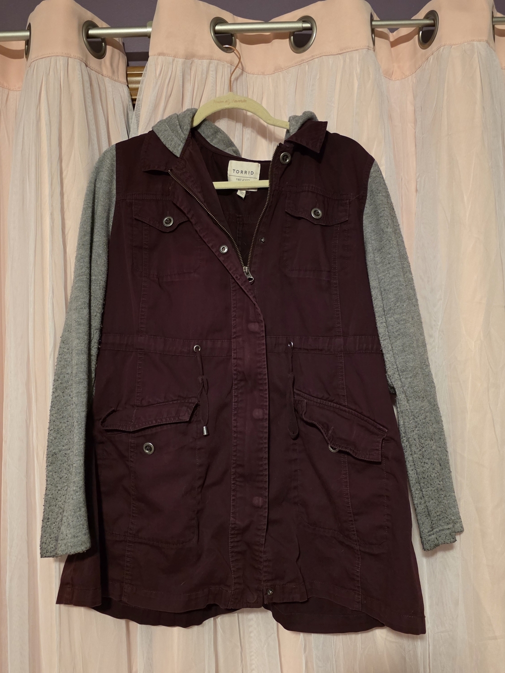 Torrid Women's Burgundy Anorak Jacket with Gray Hoodie Sleeves